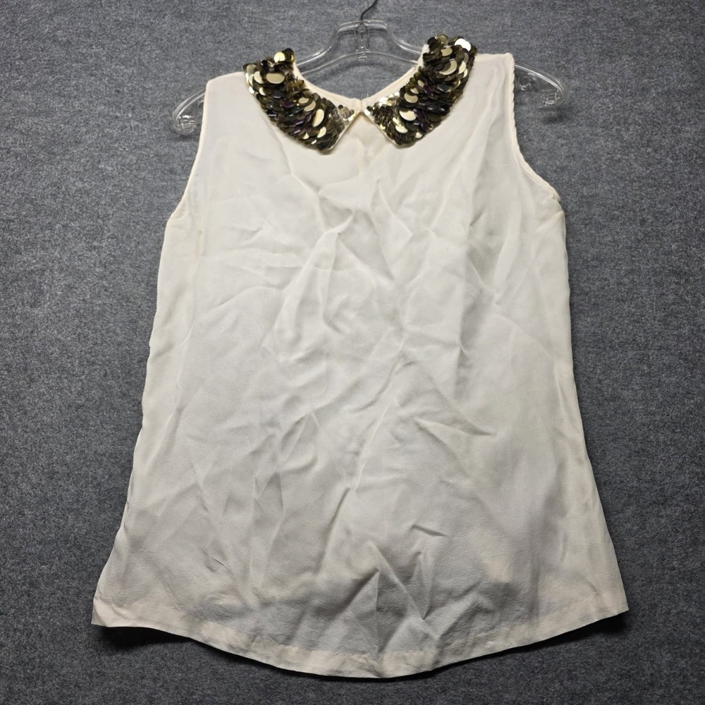 Silk Blend Ivory Sleeveless Tunic Top Sequin Collar Embellished Elegant Women
